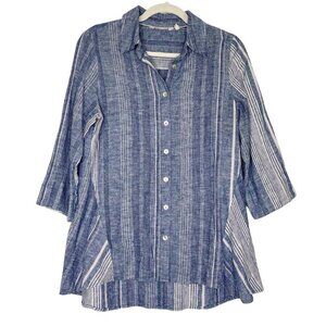 Soft Surroundings‎ Linen Tunic Top Womens Size Small Blue Stripe Button Down